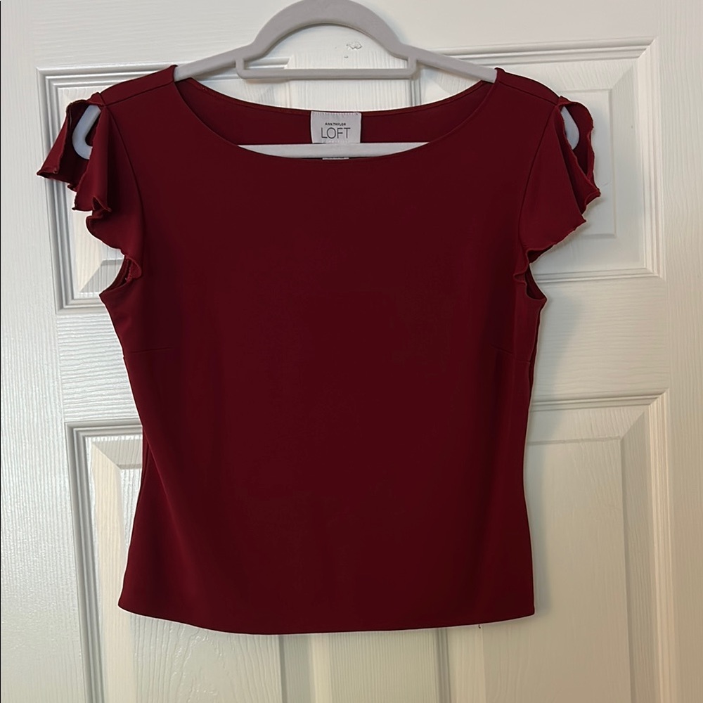 LOFT Red Fitted Flutter Sleeve Blouse